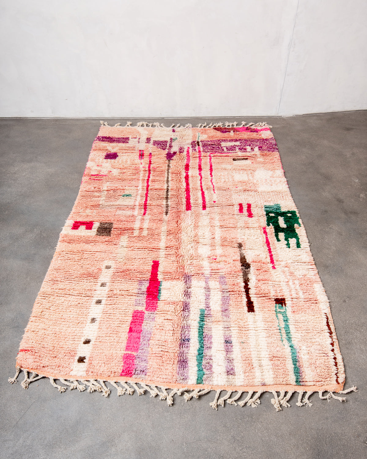 Modern, designer, handcrafted Berber rug from Morocco. Vintage carpet with beautiful colours and patterns and fluffy texture.
